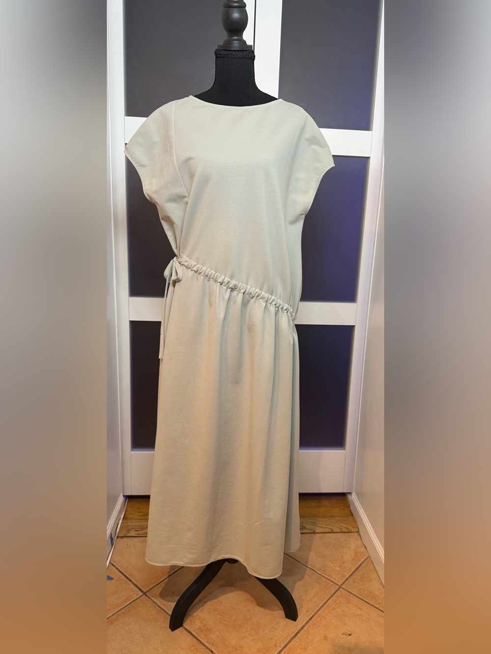 COS Sage Green Asymmetrical Tie Waist Dress, medium.